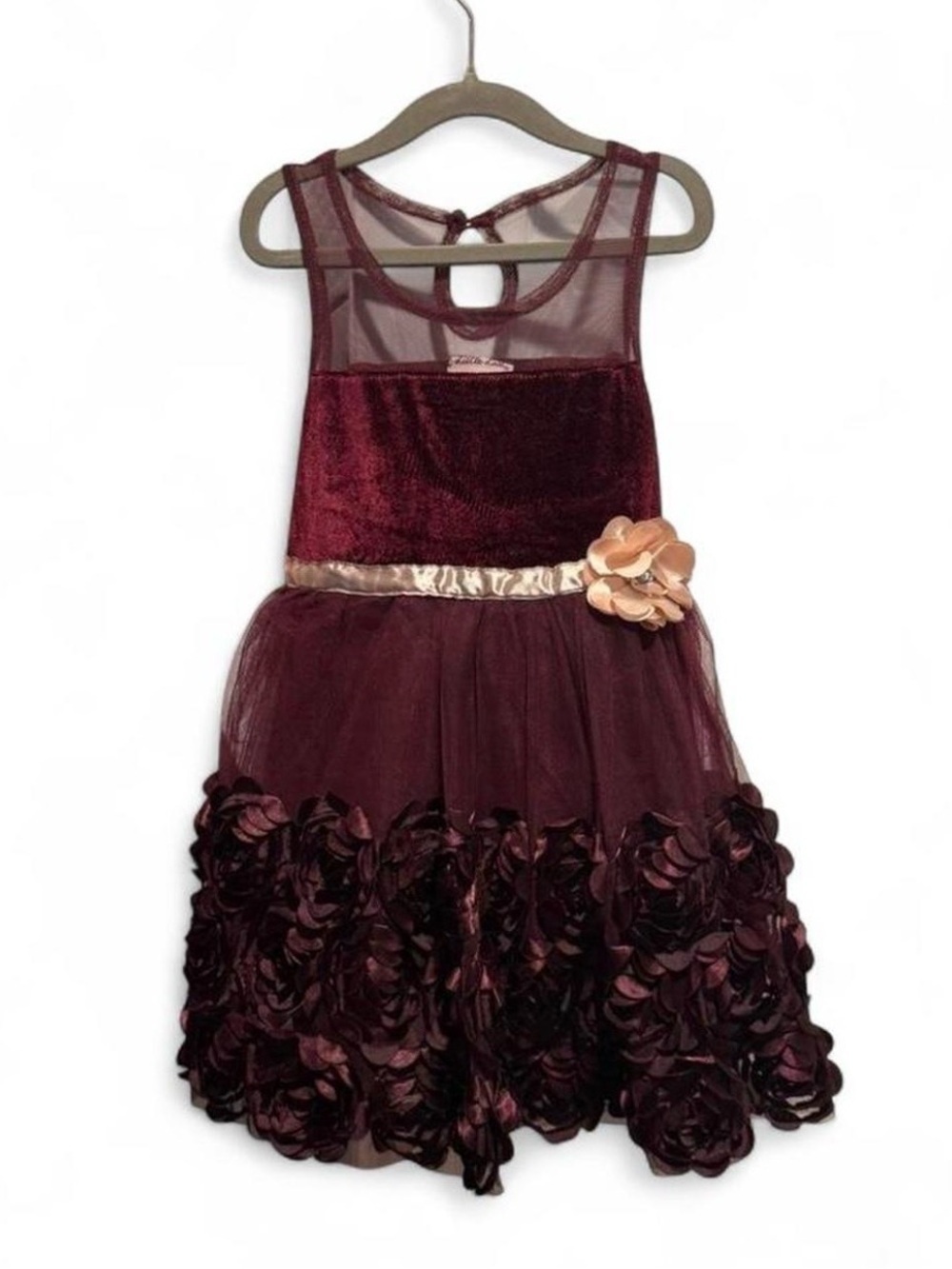 Little Lass Girls Burgundy and Peach Floral Tulle Party Dress